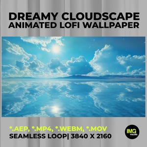 Könnte beinhalten: Dreamy Cloudscape Animated Lofi Wallpaper mit einer hellen Sonne über einer reflektierenden blauen Wasseroberfläche mit Wolken. Enthält Dateien in den Formaten .AEP, .MP4, .WEBM und .MOV als nahtlose Schleife in 3840 x 2160 Auflösung von IMG visuals.