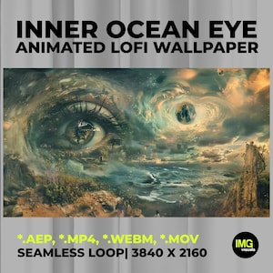 Puede incluir: Obra de arte digital titulada INNER OCEAN EYE ANIMATED LOFI WALLPAPER que presenta un gran ojo humano integrado en un paisaje de nubes arremolinadas, olas del océano y acantilados rocosos. Incluye formatos *.AEP, *.MP4, *.WEBM, *.MOV, 3840 X 2160.