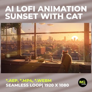 Peut inclure: Illustration numérique d'un coucher de soleil sur une ville, vue d'une fenêtre. Un chat est assis sur le rebord de la fenêtre, regardant l'horizon. Le texte "AI LOFI ANIMATION SUNSET WITH CAT" est affiché en haut.