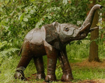 Recycled Metal Handmade Safari Elephant. Garden Outdoor Sculpture. Handcrafted metal Elephant Statue
