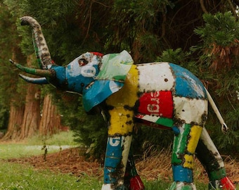 Recycled Metal Handmade Coloured Safari Elephant. Garden Outdoor Sculpture. Handcrafted metal Elephant Statue