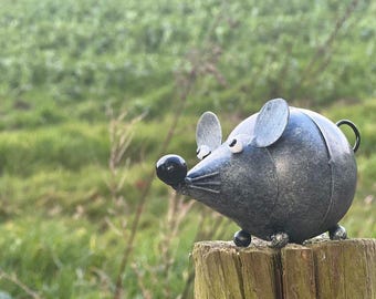 Handcrafted Grey Metal Cute Mouse for Indoors or Outdoor use. Garden Sculpture