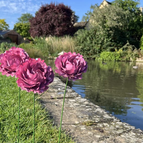 Handcrafted Metal Outdoor Pink Peony. Garden Flower Sculptures