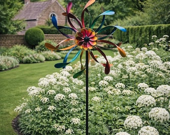 Vivid Vortex Powder Coated Wind Spinner. Multi Coloured Garden Wind Spinner Sculpture. Garden Metal Stake.