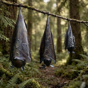 Hanging Metal Closed Wing Bat. Bats. Hanging Garden Outdoor Indoor Sculptures.
