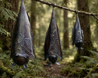 Hanging Metal Closed Wing Bat. Bats. Hanging Garden Outdoor Indoor Sculptures.