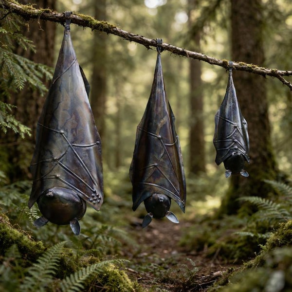 Hanging Metal Closed Wing Bat. Bats. Hanging Garden Outdoor Indoor Sculptures.