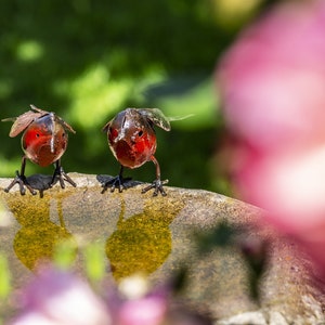 May include: Two red metal bird figurines perched on the edge of a stone birdbath. The birdbath is filled with water and reflects the birds.
