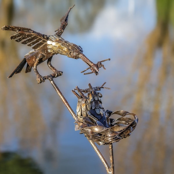 Recycled Metal Bird With Nest Stake. Metal Outdoor Garden Sculpture. Pond, Lake Decoration