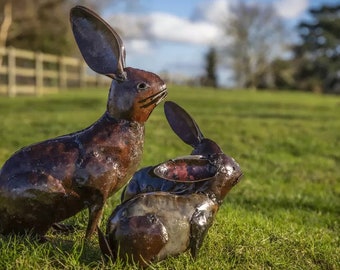 Recycled Metal Handcrafted Rabbit Statue. Outdoor Garden Sculptures. Bunnies. English Animal Sculptures/Ornaments