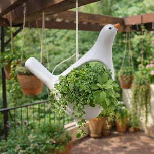 Ceramic hanging  white bird herb, plant planter. Garden Gift. Garden Decoration. Herbs.
