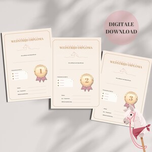 Op de afbeelding: Drie beige certificaten met gouden accenten en roze linten, elk met een medaille met de nummers 1, 2 en 3. De certificaten hebben tekst in het Nederlands en een digitaal downloadlabel. Een speelgoed stokpaardje staat in de afbeelding.