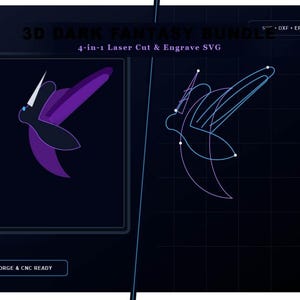 Puede incluir: Un gráfico digital titulado 3D DARK FANTASY BUNDLE 4-in-1 Laser Cut & Engrave SVG. La imagen muestra una silueta de unicornio estilizada en morado y negro junto a un contorno vectorial de línea azul sobre un fondo de cuadrícula oscuro.