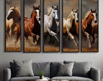 Galloping Herd of Horses Wall Art Print, Abstract horse decor, Mid-Century Modern Large Oil Painting.