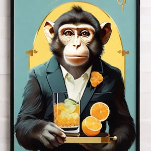 May include: A framed art print featuring a monkey in a suit holding a cocktail and a tray with orange slices. The monkey is set against a teal background with a gold arch and accents. The print has a black frame.