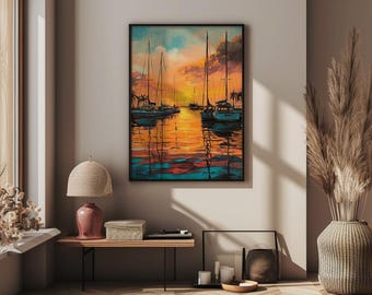 Un port classique des Caraïbes au coucher du soleil avec plusieurs voiliers amarrés le long des quais