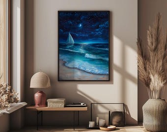 Une plage caribéenne de rêve au clair de lune et un petit voilier flottant près du rivage sous un ciel rempli d'étoiles scintillantes