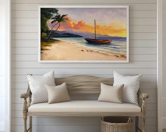 Une vue panoramique sur une baie des Caraïbes au coucher du soleil et un voilier en bois ancré près d'une plage de sable blanc isolée