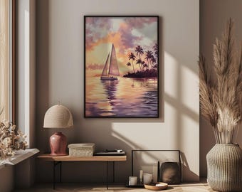 Une peinture à l'huile sereine d'un voilier glissant au-dessus des eaux calmes d'Hawaï au coucher du soleil