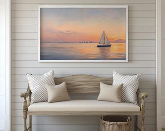 Une scène paisible d'un voilier solitaire sur les eaux chaudes et dorées de Miami au coucher du soleil