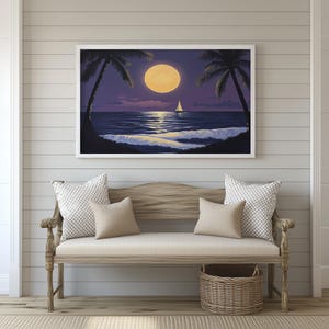 A dreamy depiction of a full moon rising over the Hawaiian sea