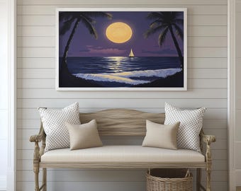 Une représentation onirique d'une pleine lune se levant au-dessus de la mer d'Hawaï