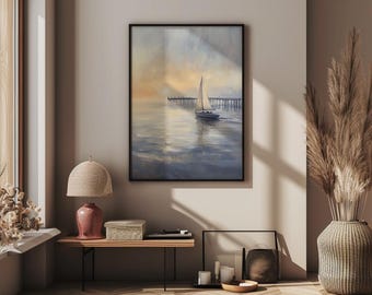 Un lever de soleil tranquille avec un marin solitaire ajustant les voiles près de la jetée de Venice Beach