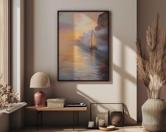 Une peinture à l'huile à couper le souffle d'un voilier partant d'une baie d'Hawaï au lever du soleil
