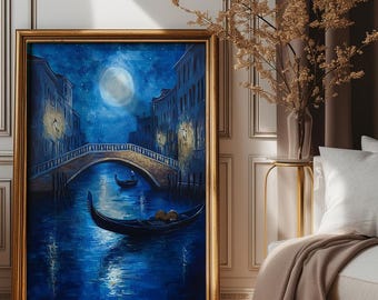 Venise la nuit, une pleine lune lumineuse projetant une lueur argentée sur les canaux. Une seule télécabine élégante reposant près d'un pont de pierre historique