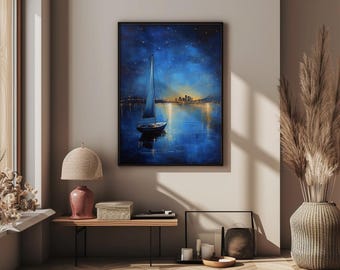 Un voilier solitaire, les voiles basses, flottant sous un ciel étoilé de Los Angeles, les reflets de la ville scintillant doucement sur l'eau