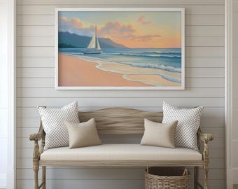 Vue panoramique sur une plage hawaïenne paisible au lever du soleil, avec un voilier flottant près du rivage