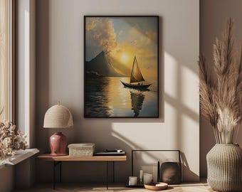 Une peinture à l'huile paisible d'une pirogue hawaïenne traditionnelle avec une voile, dérivant doucement sur les eaux vitreuses du matin