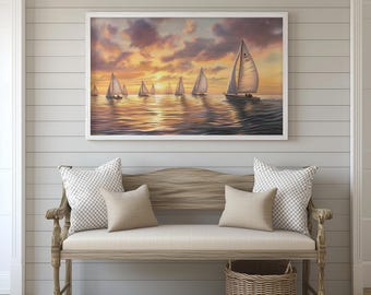 Une vue panoramique sur plusieurs voiliers à Marina del Rey, baignée par la chaude lumière du coucher du soleil