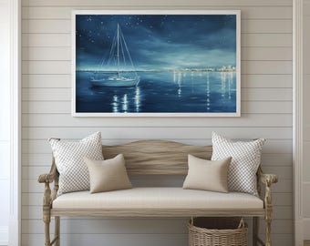 Une nuit paisible à Miami avec un voilier posé sur des eaux calmes, sous un ciel rempli d'étoiles scintillantes