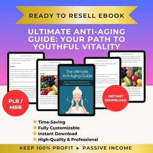 Può includere: Una copertina di ebook digitale con uno sfondo sfumato rosa e viola. La copertina presenta una donna con un trattamento spa sul viso e il testo "La Guida Definitiva Anti-Aging: Scopri le Tecniche e i Metodi per Invertire il Processo di Invecchiamento in modo che tu possa Avere un Aspetto e Sentirti Più Giovane". La copertina include anche il testo "Download Immediato" e "Mantieni il 100% di Profitto - Reddito Passivo".