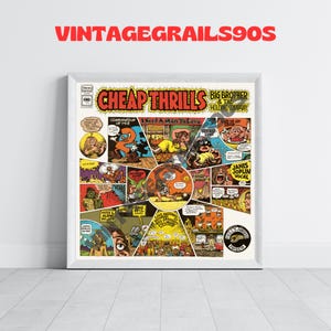 Puede incluir: Una portada de álbum de vinilo vintage con una ilustración de dibujos animados psicodélica de Janis Joplin y Big Brother and the Holding Company. El título del álbum "Cheap Thrills" está en letras grandes y en negrita. La portada del álbum es una obra de arte colorida y vibrante.