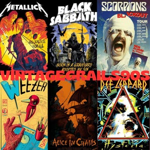 Puede incluir: Un collage de seis portadas de álbumes vintage de la década de 1990. Las portadas presentan bandas como Metallica, Black Sabbath, Scorpions, Weezer, Alice in Chains y Def Leppard. Los títulos de los álbumes son "...And Justice for All", "Born in a Graveyard, Adopted by Sin", "Blackout", "Pinkerton", "Dirt" y "Hysteria".