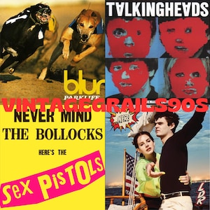 Puede incluir: Un collage de portadas de álbumes de bandas populares de los 90, incluyendo Blur, Talking Heads y Sex Pistols. El texto "Vintage Grails 90s" se superpone a las imágenes.