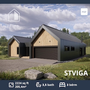 Barndominium-plattegronden met 3 of 4 slaapkamers met 3,5 badkamers en garage voor 2 wagens, boerderij, moderne cottage, Scandinavisch huis, huistekening op maat