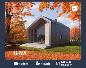 Tiny House Plans, 1 Bedroom Cabin with Loft, ADU Floor Blueprint (PDF)