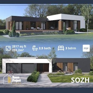 Modern huis met plat dak, 3 slaapkamers, garage voor 2 wagens en zwembad, cottage van 2800 vierkante voet 80 x 65, plattegronden, plattegrond pdf-blauwdrukken