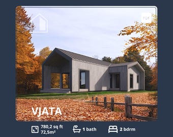 2 Bedroom Scandinavian House Plans: 800 sqft Tiny Cabin (PDF Blueprints)