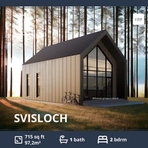 Può includere: Rendering architettonico di una moderna cabina con tetto scuro e rivestimento di colore chiaro. La cabina presenta ampie finestre e il testo "SVISLOCH". Include dettagli: 97,2 m2, 1 bagno e 2 camere da letto.