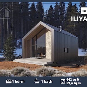 Moderne Barndominium-plattegronden met 1 slaapkamer op de vliering, ADU-plattegronden van 650 vierkante voet, Small Cabin Home te koop, Tiny House-kit, plattegrond Cottage Blueprints