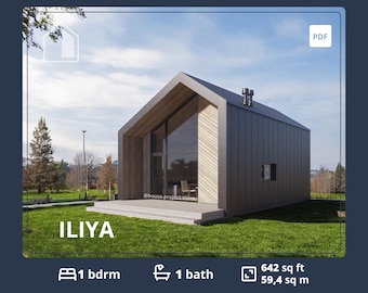 1 Bedroom Barndominium Floor plans, Cabin home plans with loft, ADU Tiny House plans  for sale, Small Cabin home, Custom house drawing, PDF
