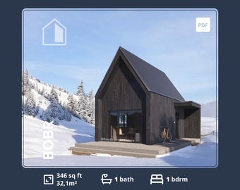 Small Cabin Home Plans: 350 sq ft Barndominium Floor ADU (PDF blueprints)