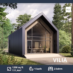 Plattegronden Barndominium, 2 slaapkamers Tiny House, ADU-plattegronden 45 x 25 Kleine plattegronden 1200 vierkante voet Moderne hutplannen met vide Tekening aangepast huis (pdf)