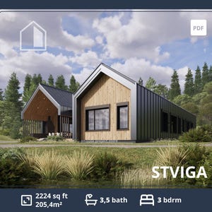 Scandinavische plattegronden met 4 of 3 slaapkamers, 3,5 badkamers, garage voor 2 wagens, plattegronden van Barndominium Moderne boerderij-cottage Huistekening op maat