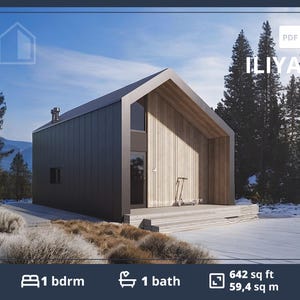Barndominium Plattegronden met 1 slaapkamer op de vliering, ADU-plattegronden van 650 vierkante voet, Tiny Home te koop, moderne kleine hut, prefab Tiny House-kit, blauwdruk