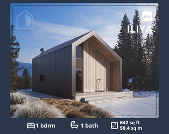 Modern Small Cabin Floor Plans: 1 Loft Bedroom, 650 sq ft ADU (PDF Blueprint)
